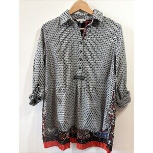 John Mark Black White Check Ribbed Back Boho Roll Tab Sleeve Pullover  - Size M